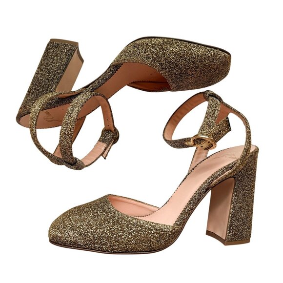 J.Crew Gold Glitter Block Heel Pumps – Harlow Ankle Strap Size 8 - Picture 2 of 11